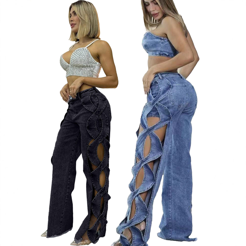 Spring Summer Women's Fashion Side Cut-out S-line Denim Patchwork Pants