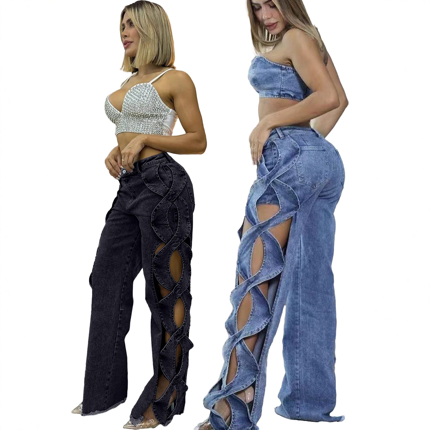 Spring Summer Women's Fashion Side Cut-out S-line Denim Patchwork Pants