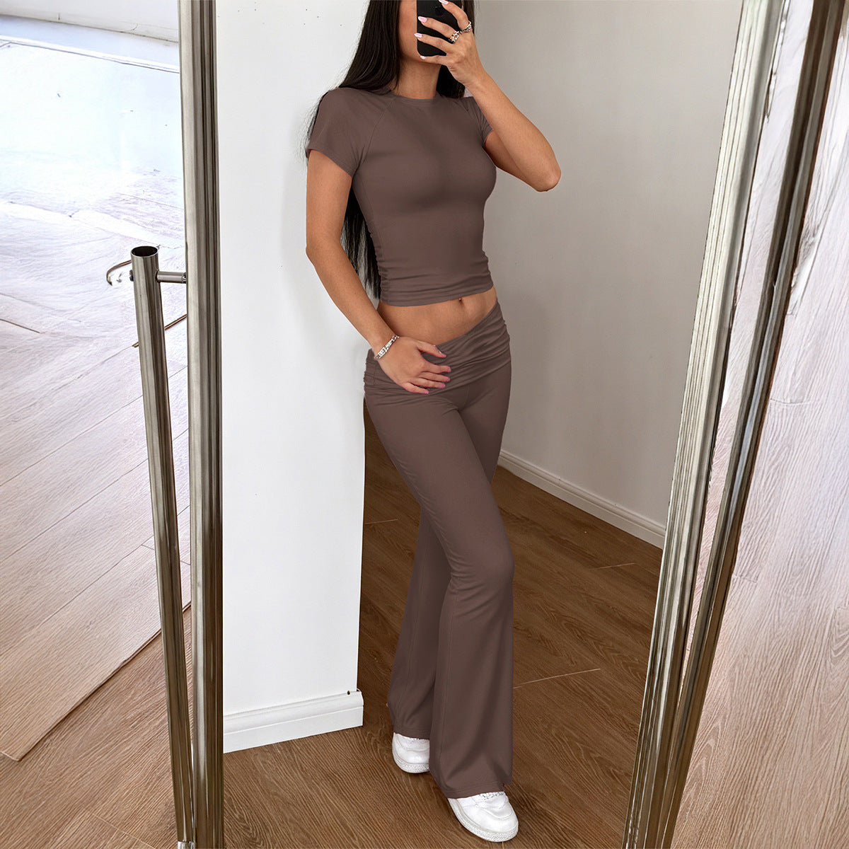 Short Sleeve Wide Leg Long Pants Two-Piece Set for Women