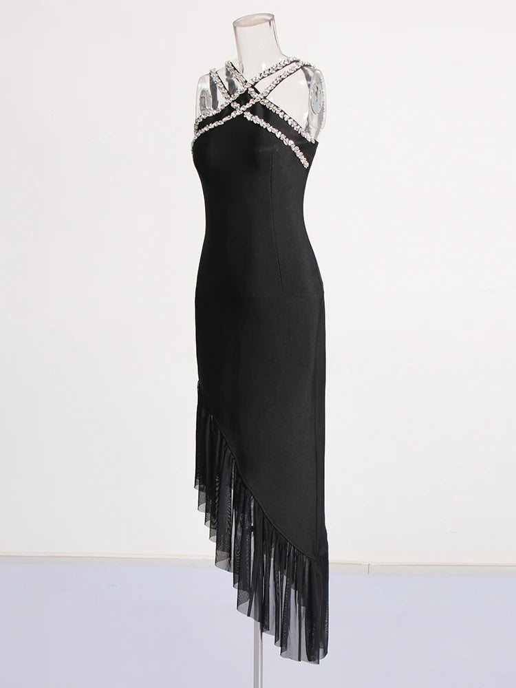 Sexy Patchwork Diamonds Dress For Women V Neck Sleeveless High Waist Bodycon Spliced Mesh Slimming Dresses Female