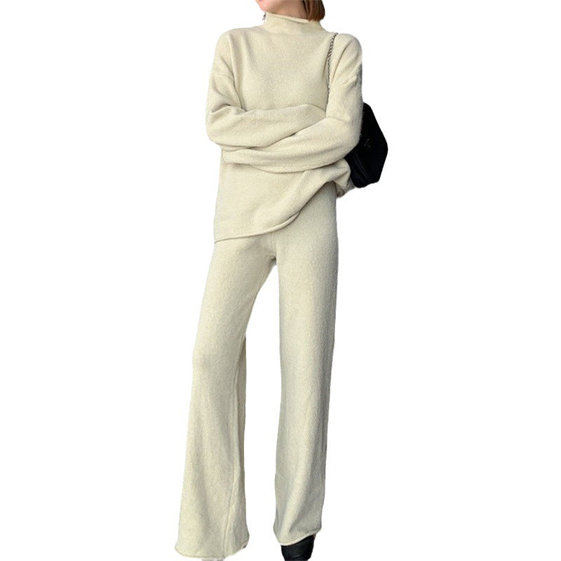 Knitted sweater straight leg wide leg pants set for women, autumn and winter cross-border fashion and western-style two-piece set for women