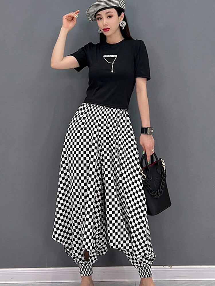 Summer New Fashion Casual Pants High Waist Loose Slim Check Harlan Pants Women
