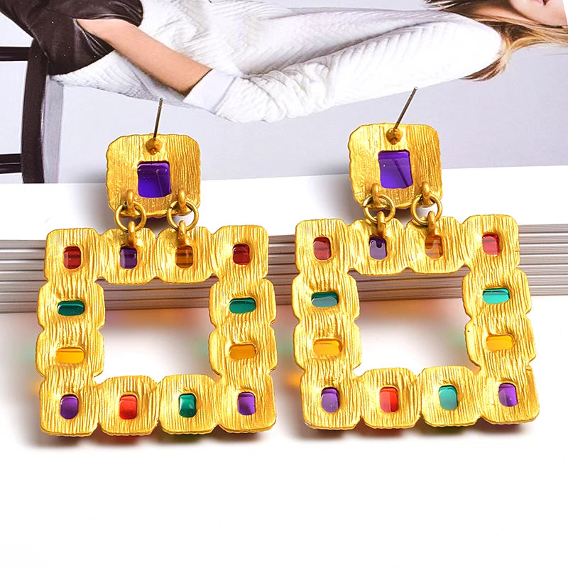 Hot Sell Hanging Gold Color Square Dangle Drop Earrings Colorful Crystal Fashion Rhinestone Jewelry Accessories For Women