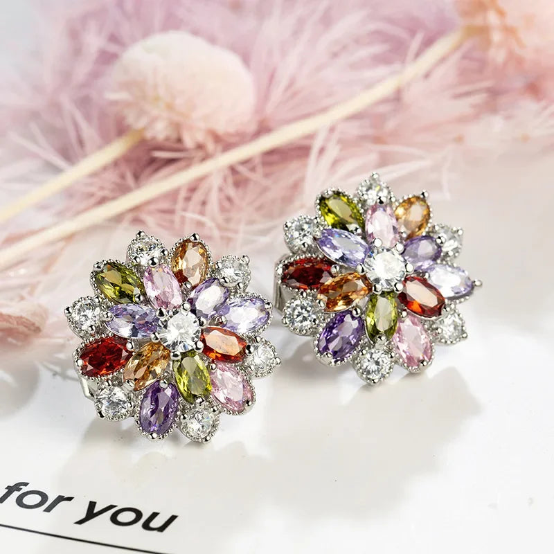 Luxury Rainbow Jewelry Colorful Crystal Zircon Earrings for Women Clip Earrings Without Ear Hole