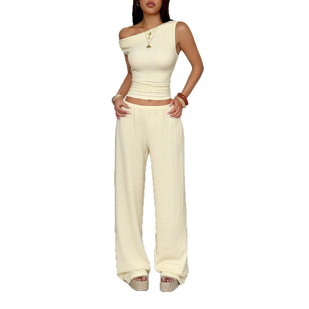 Simple Sleeveless Vest Solid Color Long Pants Set for Women