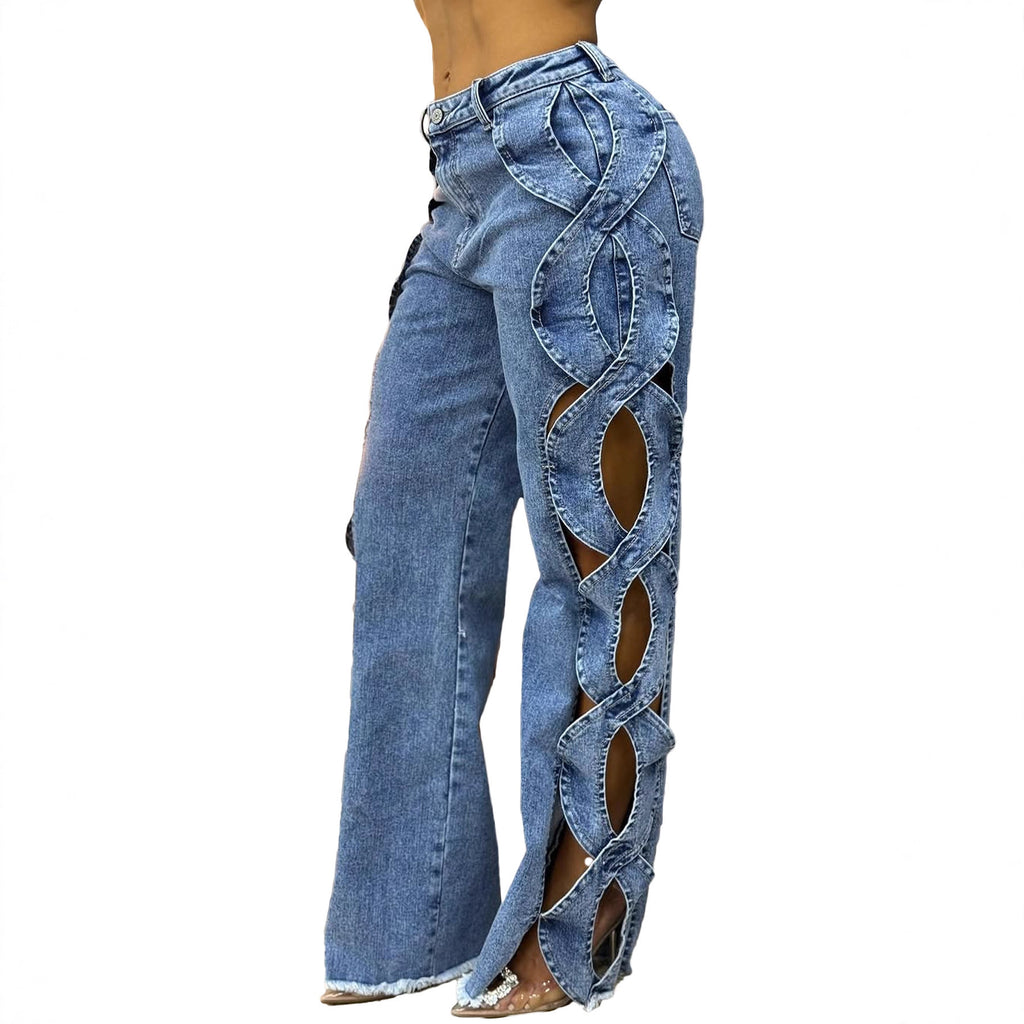 Spring Summer Women's Fashion Side Cut-out S-line Denim Patchwork Pants