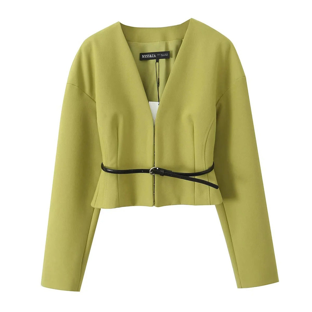 Elegant Fitted Blazer with Belt + Skirt Set for Women