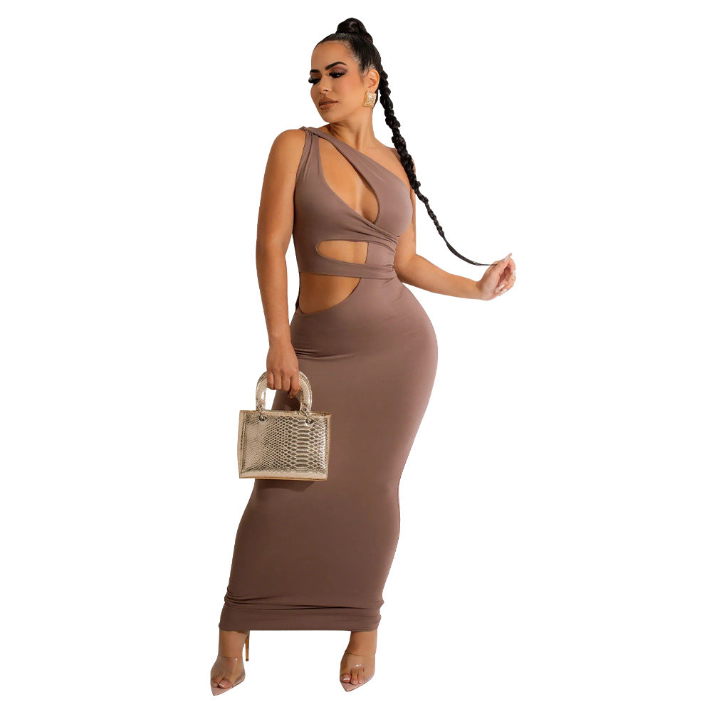 Slanted shoulder sleeveless dress for women