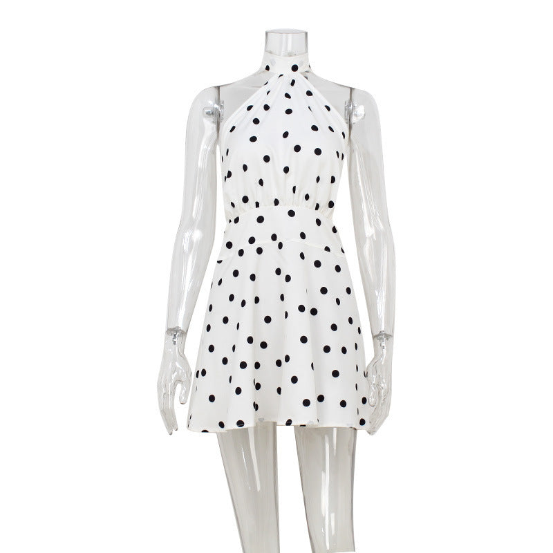 Short Sleeveless Polka Dot Halter Neck French Romantic Sexy Flirty Flowy Fitted Dress for Women Vacation Style