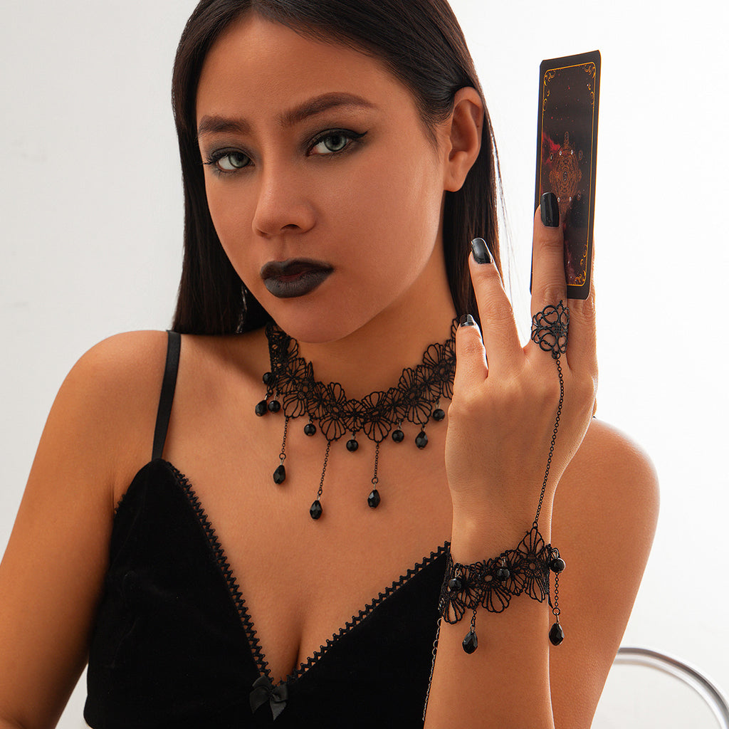 Gothic style moon alloy necklace set for women, sexy multi-layer lace tassel collar