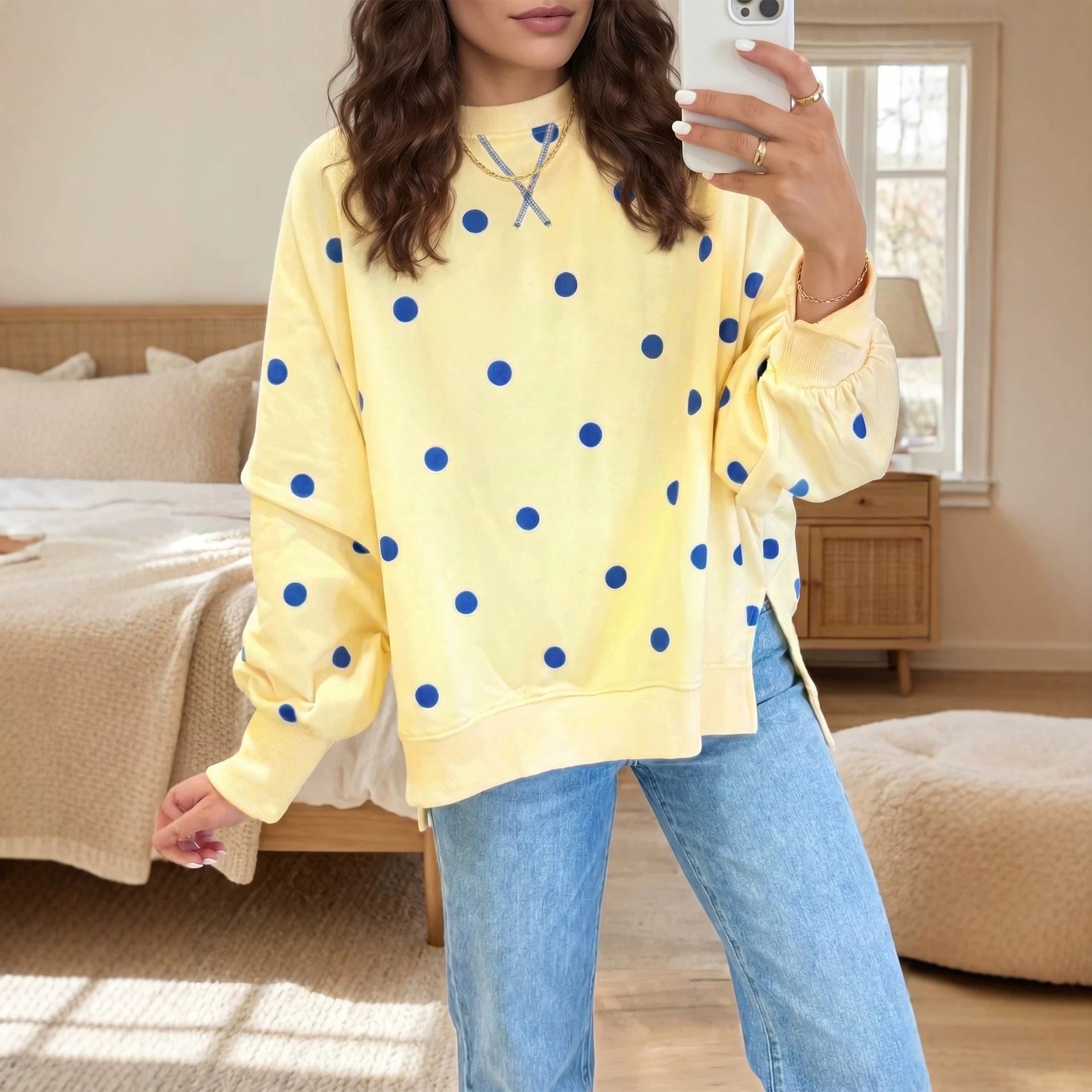 Women's loose hoodie with polka dot print and contrasting colors