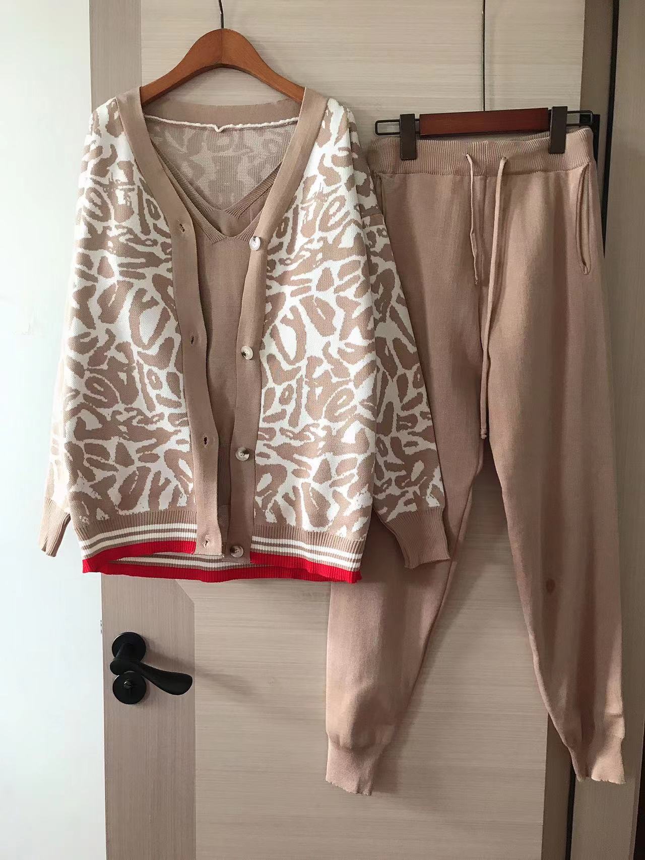 Women Tracksuits Chic 3 Piece Set Costume Knitted Leopard Lounge Suit Cardigan Sweater + Jogger Pants+ Sleeveless Tank Top
