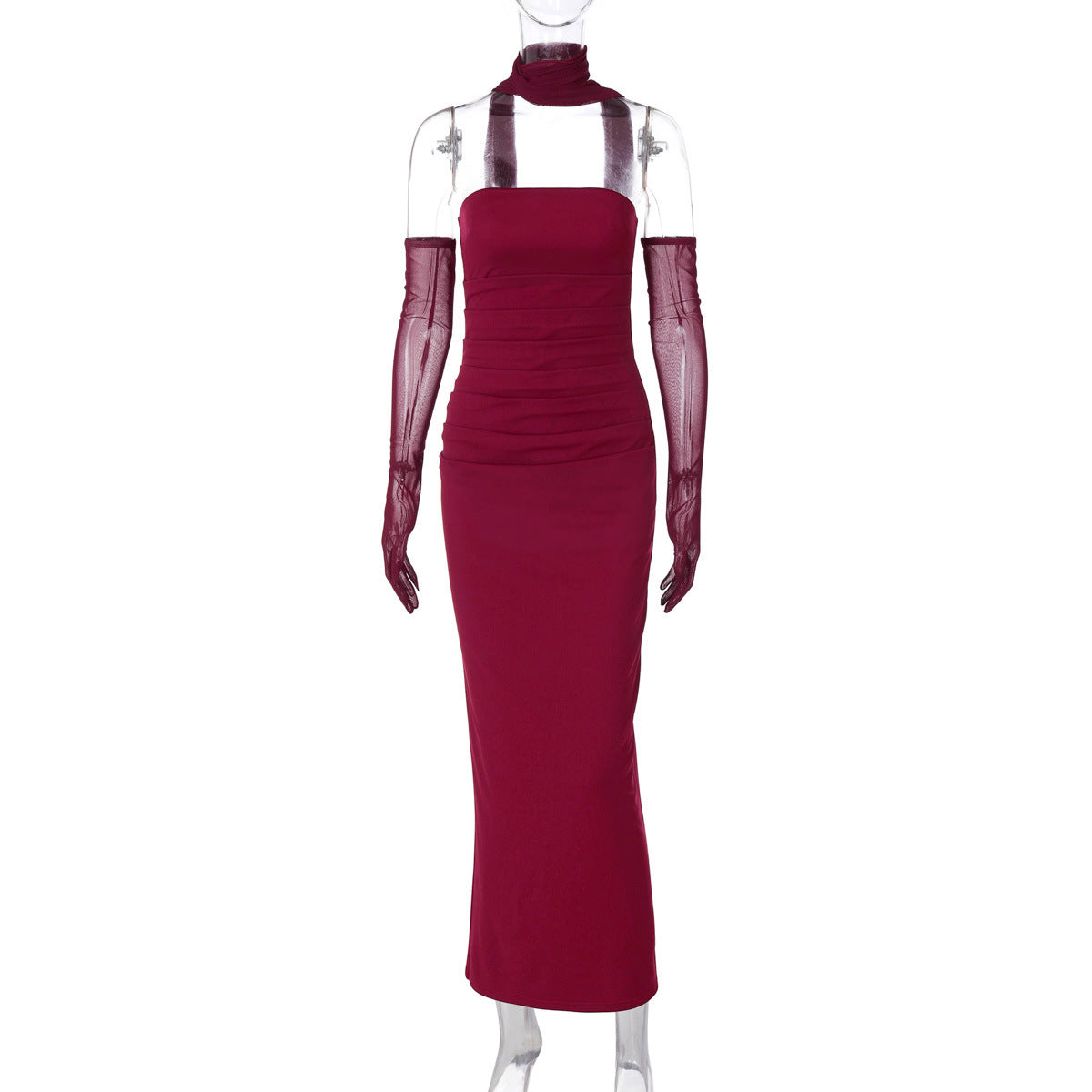 Fashionable and sexy strapless dress with mesh sleeves for women