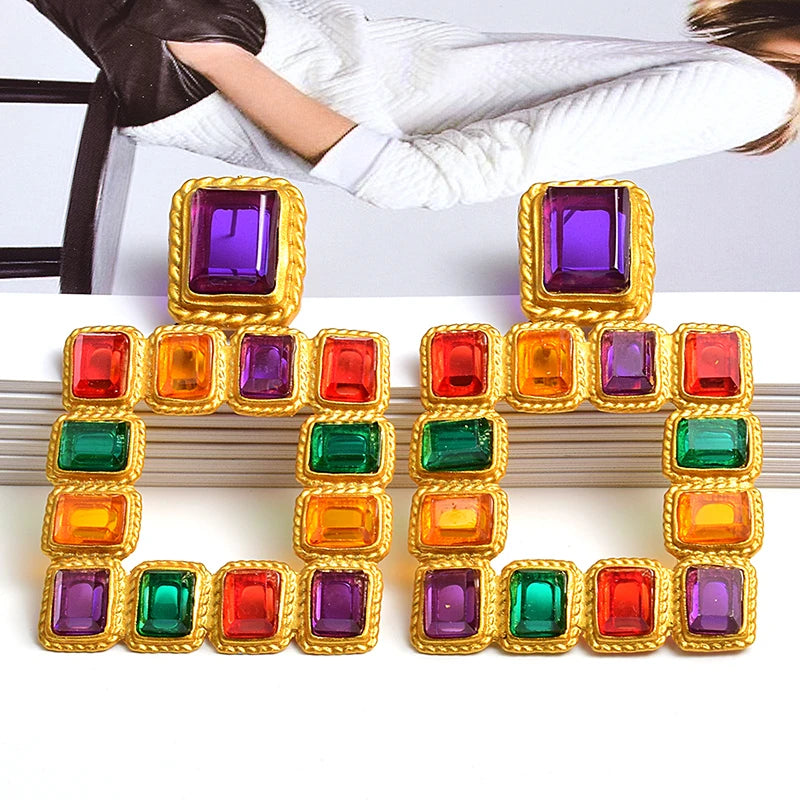 Hot Sell Hanging Gold Color Square Dangle Drop Earrings Colorful Crystal Fashion Rhinestone Jewelry Accessories For Women