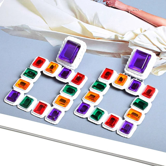 Hot Sell Hanging Gold Color Square Dangle Drop Earrings Colorful Crystal Fashion Rhinestone Jewelry Accessories For Women