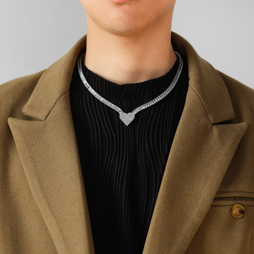 Copper Inlaid Zirconium Design Heart-Shaped Necklace Hip-Hop Fashion Trend Jewelry Metal Jewelry