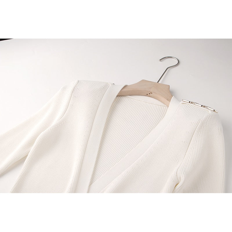 Fashion Women White Bodycon Mini Knit Dress Sexy V-neck Long Sleeve Elastic Chain Applique