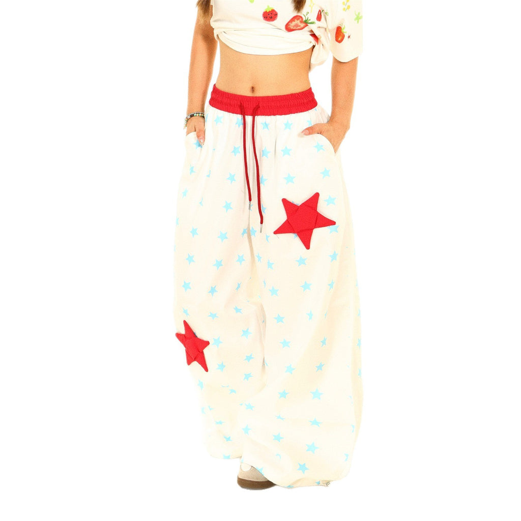 Vintage Star Print Casual Pants Women Wide Leg Pants