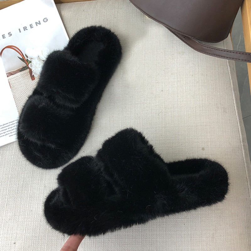 Winter House Women Fur Slippers Fashion Cross Band Warm Plush Ladies Plush Shoes Cozy Open Toe Indoor Fuzzy Slides For Girls