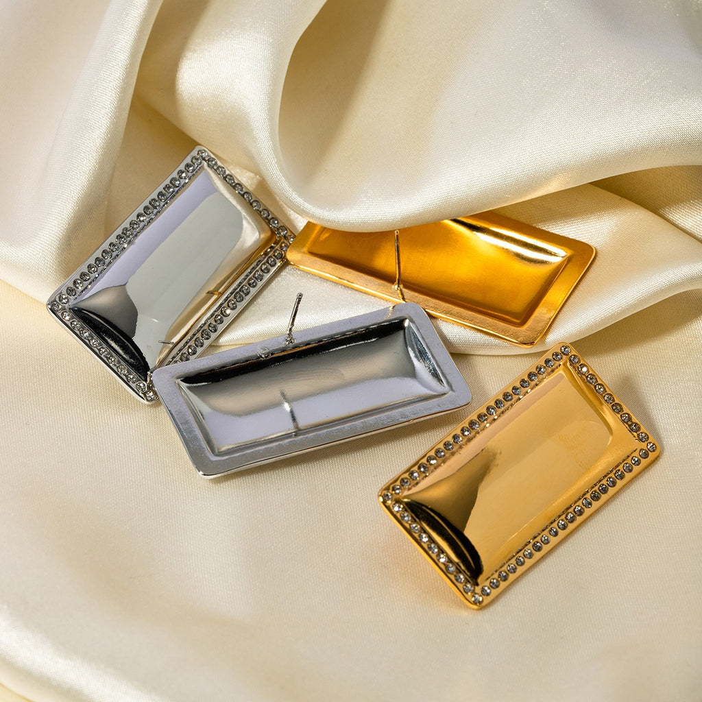 Stainless steel inlaid diamond smooth rectangular earrings, stainless steel personalized jewelry