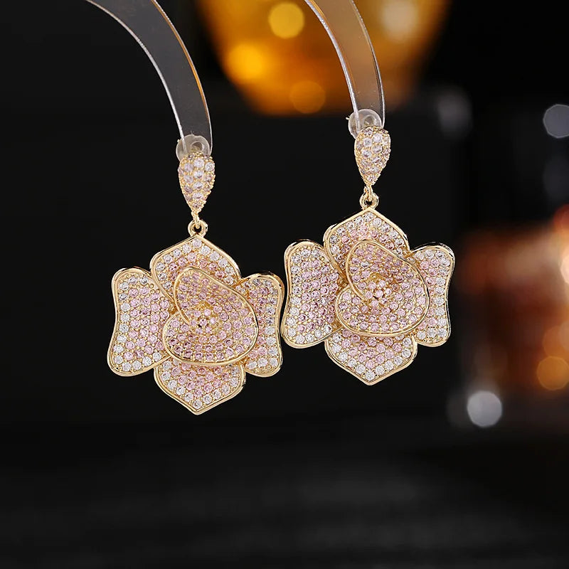 New Design Fashion Golden Color Cubic Zirconia Big Flower Stud eEarring For Women Wedding Bride Jewelry