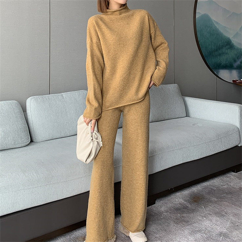 Knitted sweater straight leg wide leg pants set for women, autumn and winter cross-border fashion and western-style two-piece set for women