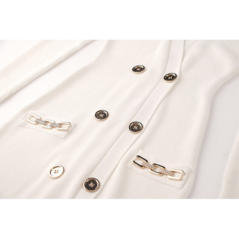 Fashion Women White Bodycon Mini Knit Dress Sexy V-neck Long Sleeve Elastic Chain Applique