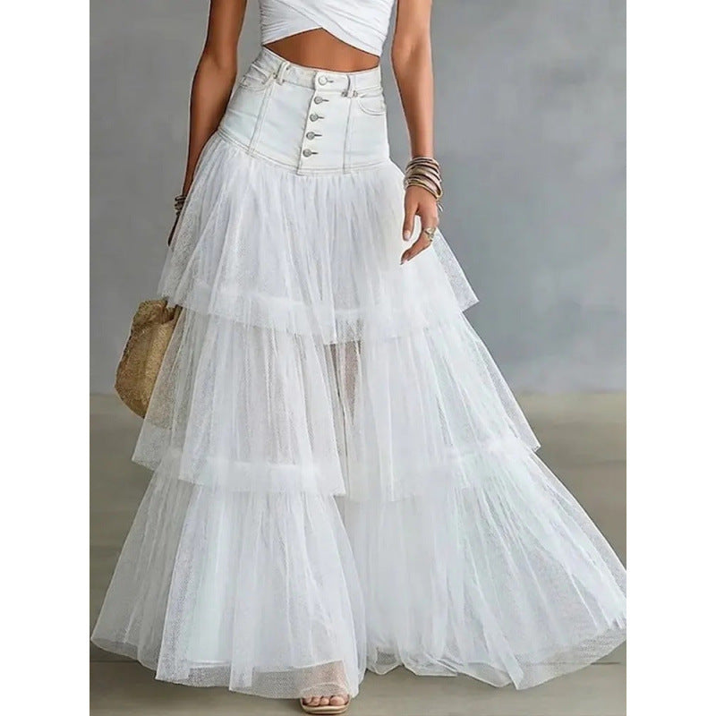 Cowboy patchwork mesh large swing skirt