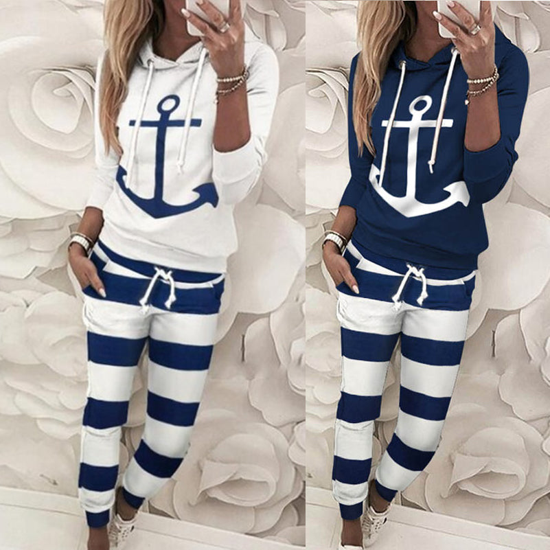 Hooded Drawstring Boat Anchor Printed Long Sleeved Sweater Striped Pants Sports Running Two Piece Set for Women