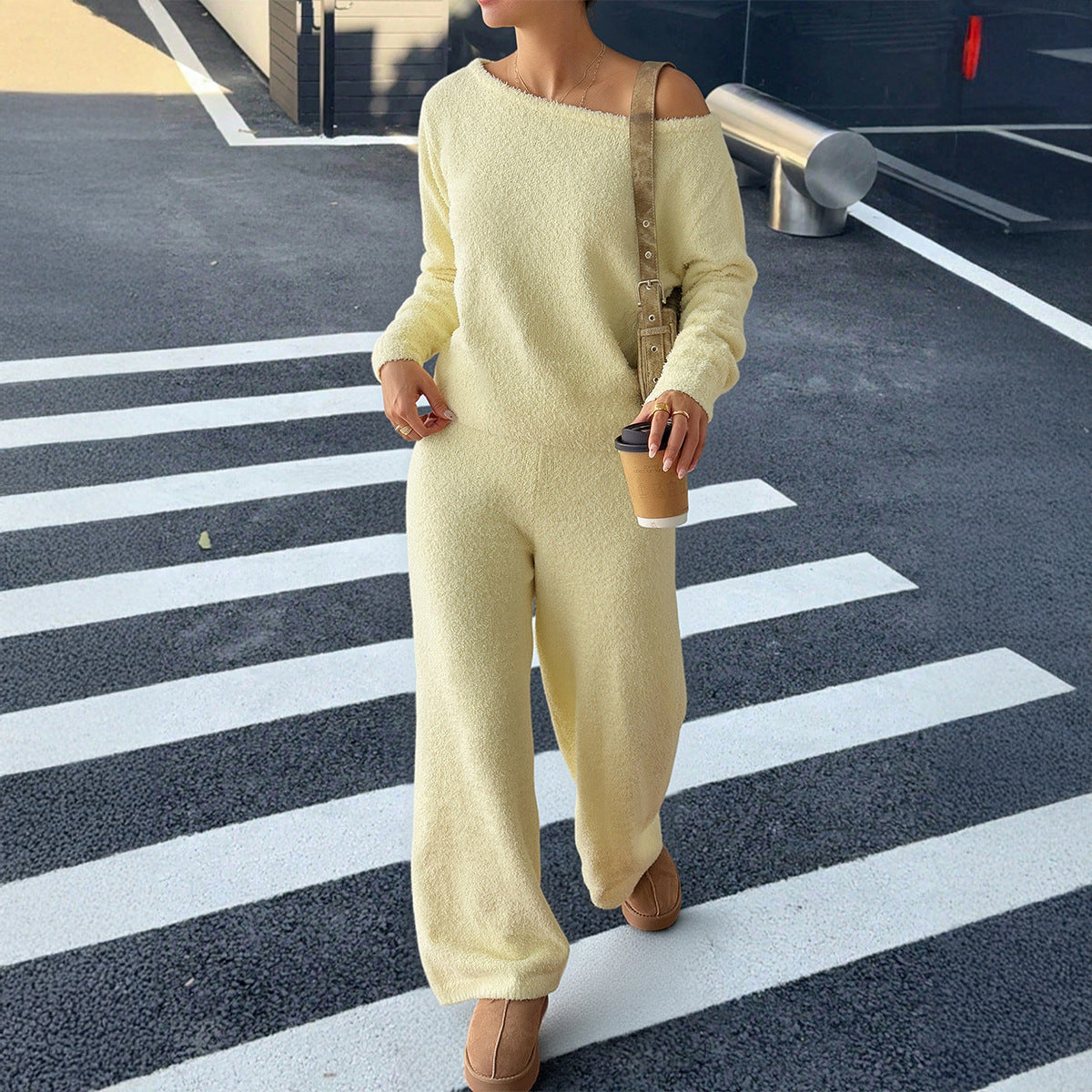 Casual Woolen Diagonal Collar Long Sleeve Pants Set for Women