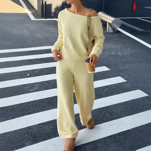 Casual Woolen Diagonal Collar Long Sleeve Pants Set for Women
