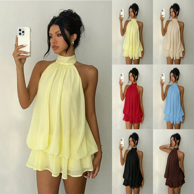Solid Color Vacation Fitted Sexy Backless Halter Neck Cinched Waist Flared Mini Dress for Women
