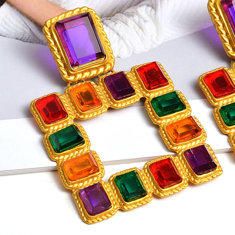 Hot Sell Hanging Gold Color Square Dangle Drop Earrings Colorful Crystal Fashion Rhinestone Jewelry Accessories For Women