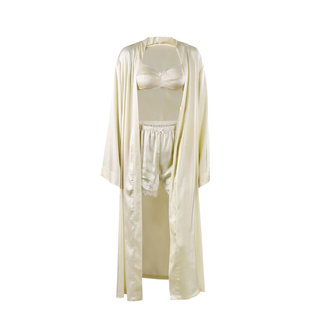 Strapless Short Pants Long Robe Three-Piece Set Ice Silk Sleepwear Women Spring Summer Wearable at Home or Outdoors