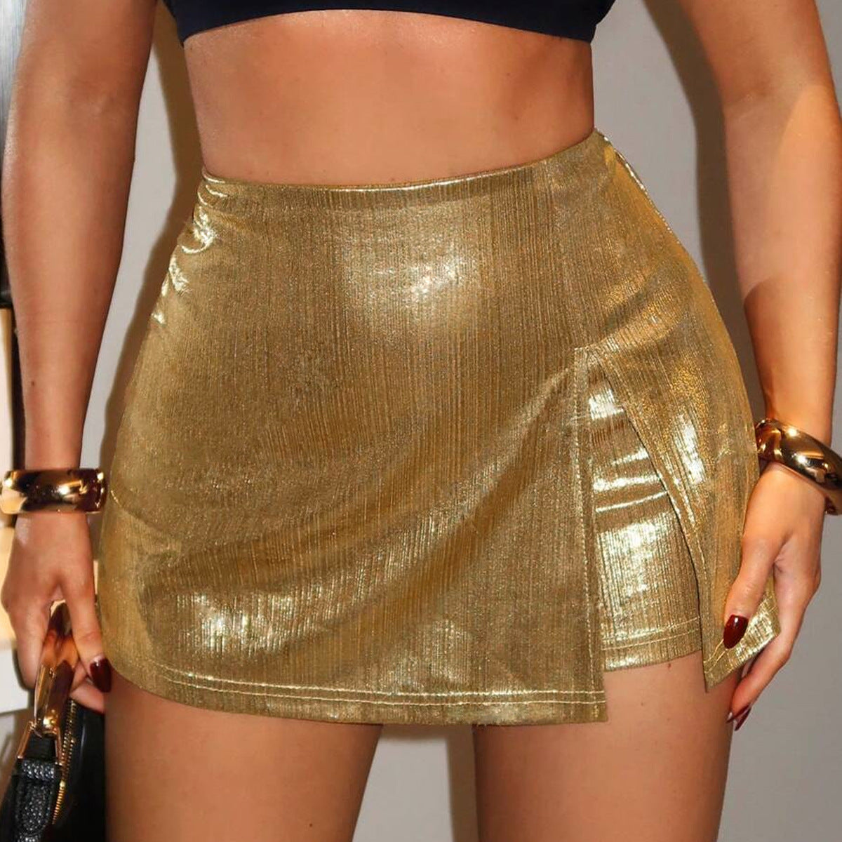 Slim fit metallic half skirt pants for women