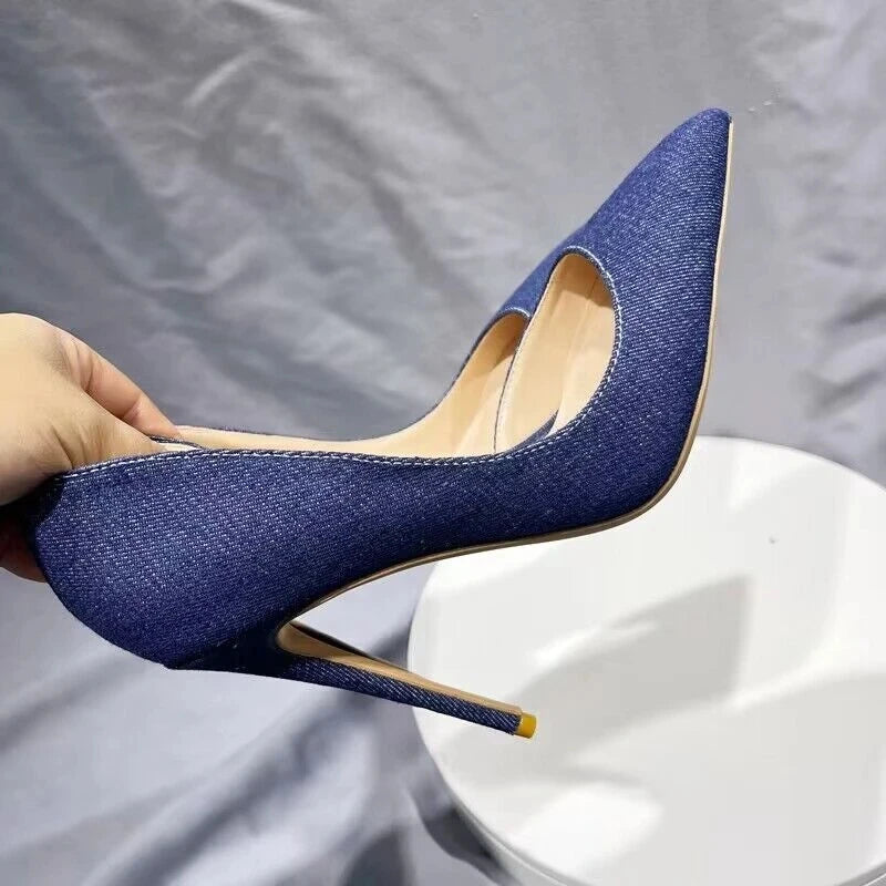 Women Navy Blue Denim Fabric Sexy  Pointy Toe High Heel Shoes Elegant Comfortable Soft Stiletto Pumps Plus