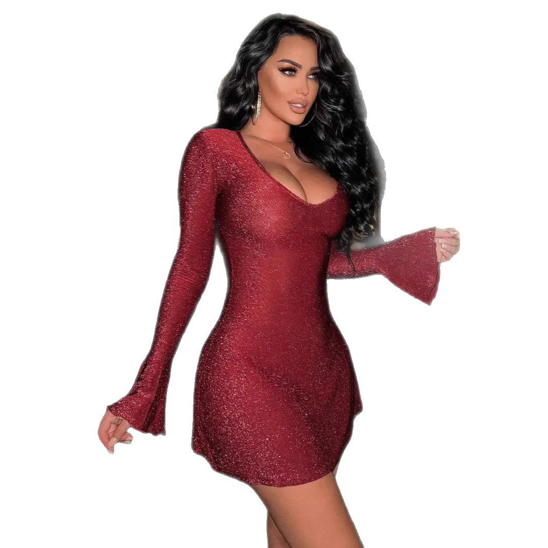 Fashion Sexy Fitted Long Sleeve Solid Color Evening Dress for Women