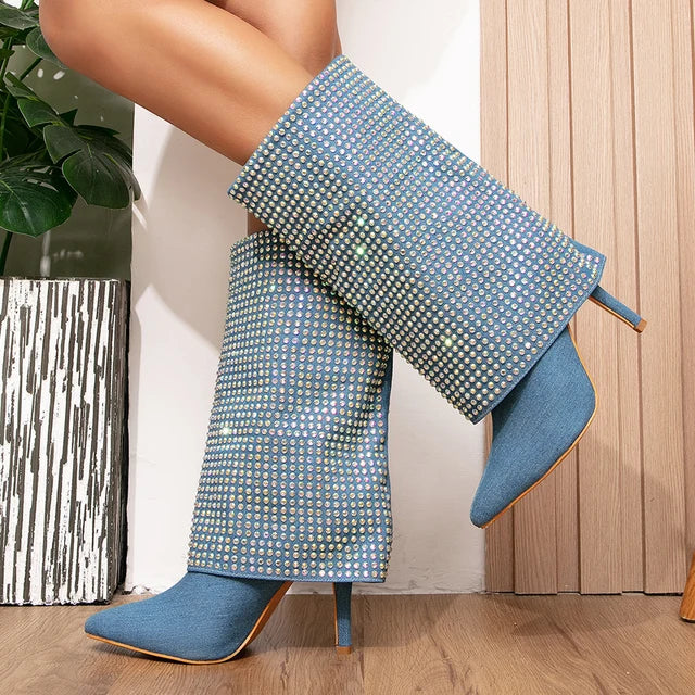 Eilyken  New Blue  Thin Heels Pointed Toe Women Knee High Boots Winter Shoes Female Booties Zapatos Mujer