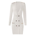 Fashion Women White Bodycon Mini Knit Dress Sexy V-neck Long Sleeve Elastic Chain Applique