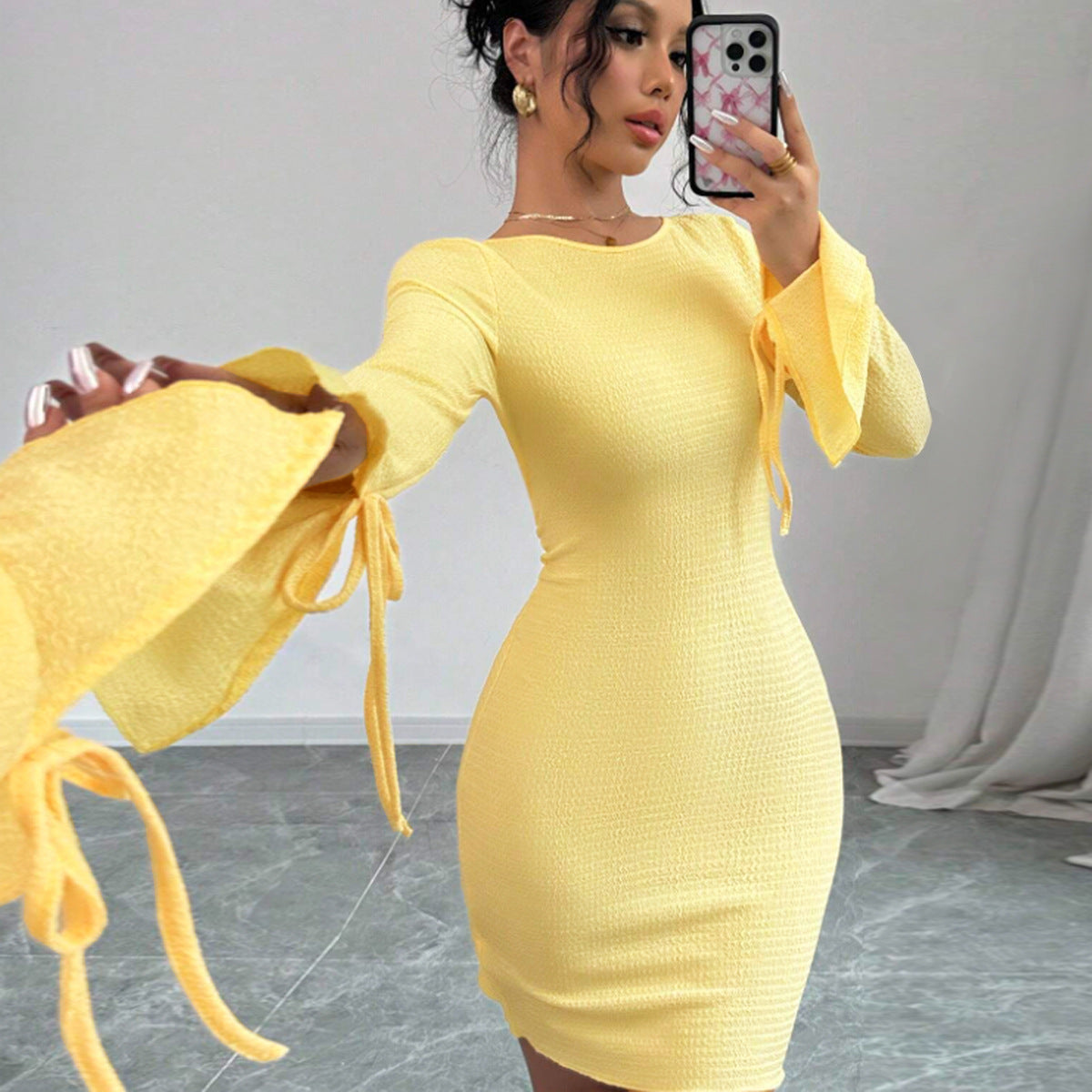 Sexy slim fit backless strap flared sleeve dress for women