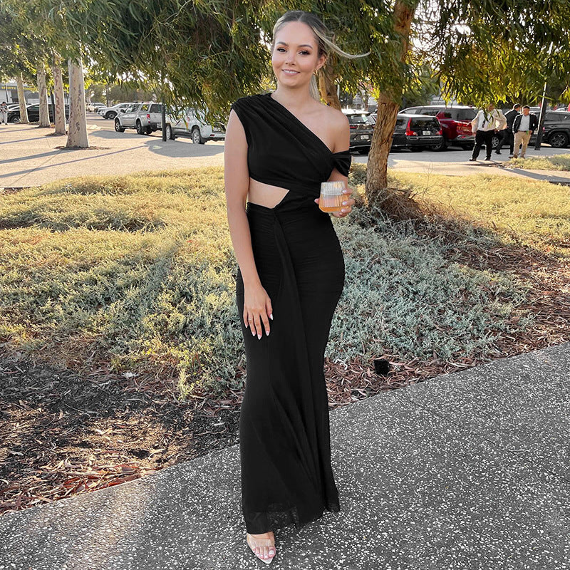 Elegant Solid Color Pleated Sexy Off-Shoulder Dress for Women