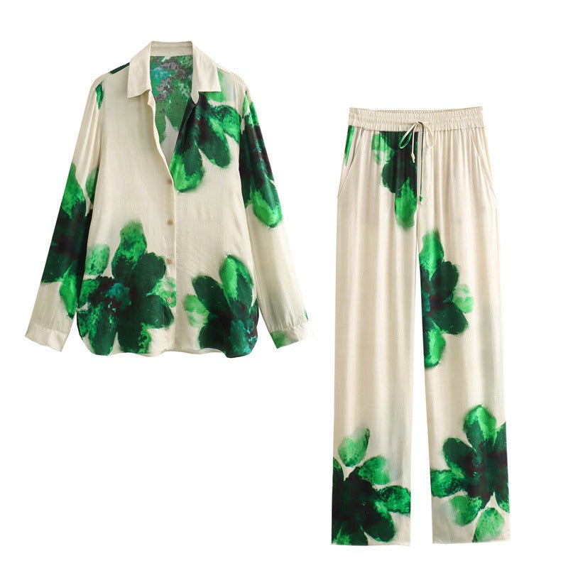 Silk floral print shirt straight leg pants set for women