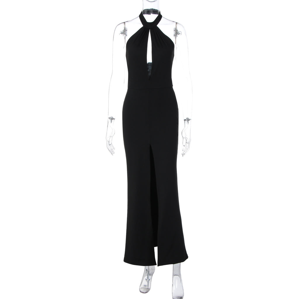 Sexy Deep V-Neck Sleeveless Halter Backless Slit Dress Women