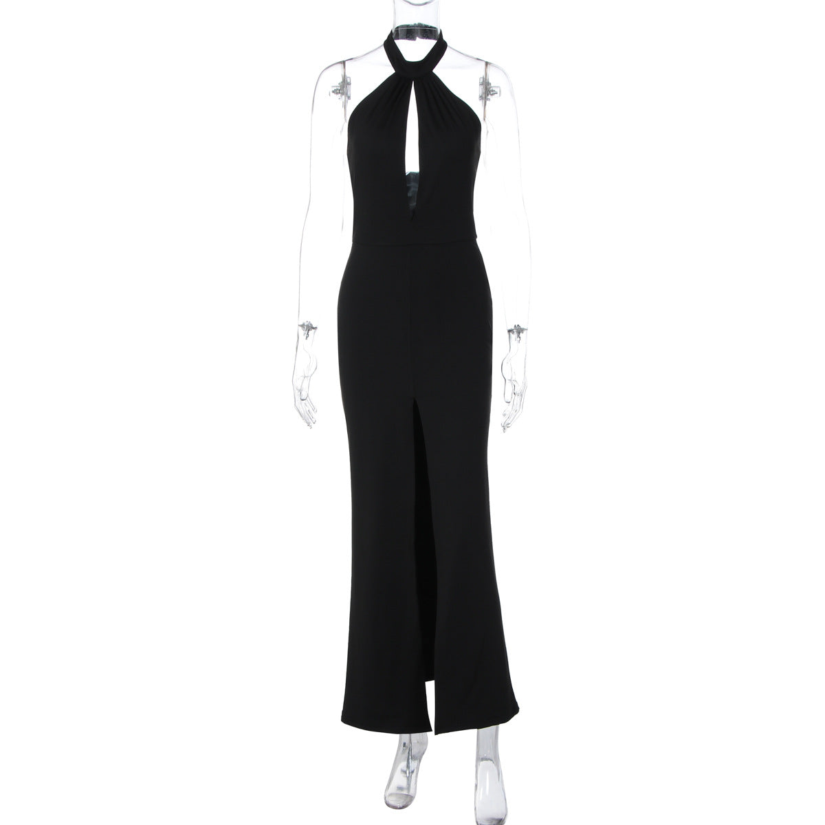 Sexy Deep V-Neck Sleeveless Halter Backless Slit Dress Women