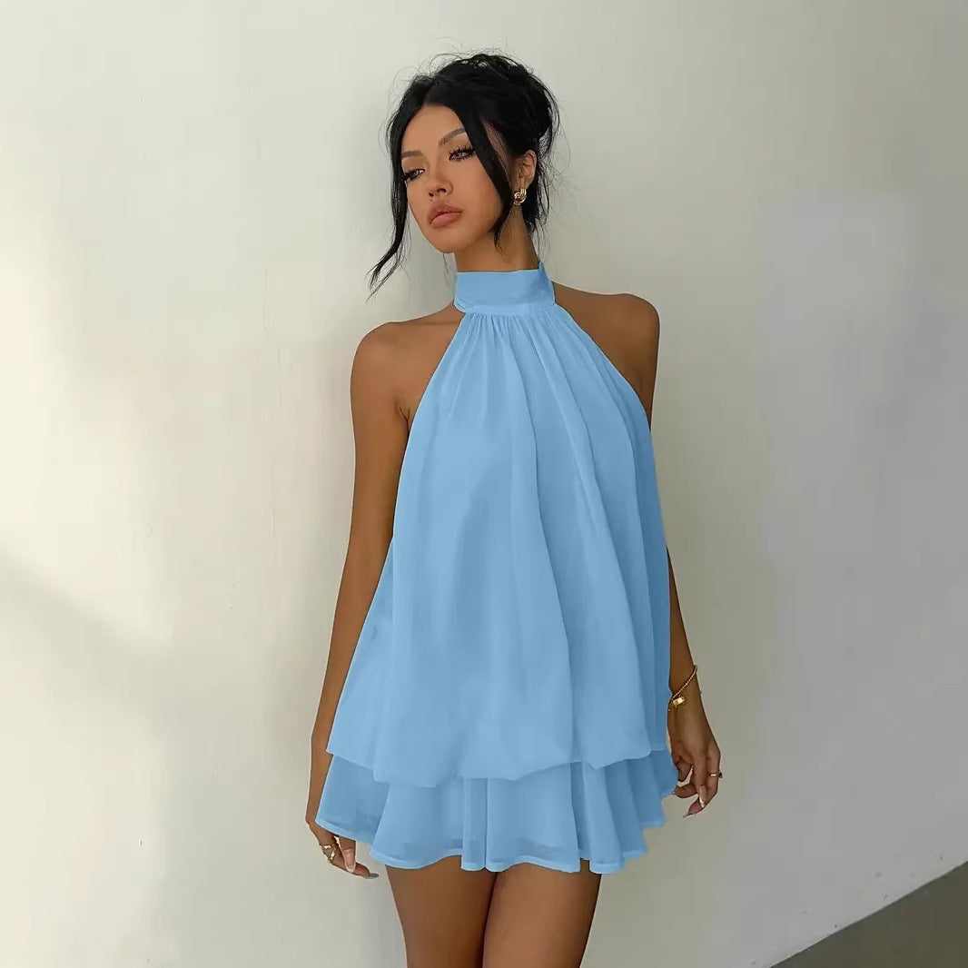 Solid Color Vacation Fitted Sexy Backless Halter Neck Cinched Waist Flared Mini Dress for Women