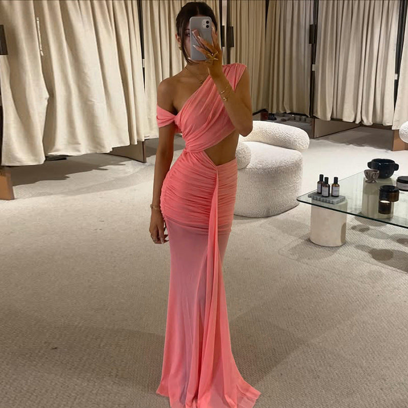 Elegant Solid Color Pleated Sexy Off-Shoulder Dress for Women