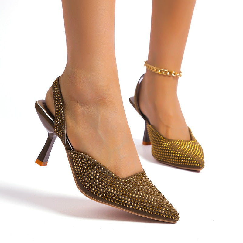 Summer Women Sandal Shoes Thin High Heel Pointed Toe Slingback Sandals Ladies Fashion Bling Cystal Party Dress Shoes