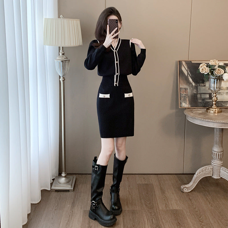 Long sleeved cardigan skirt set for women