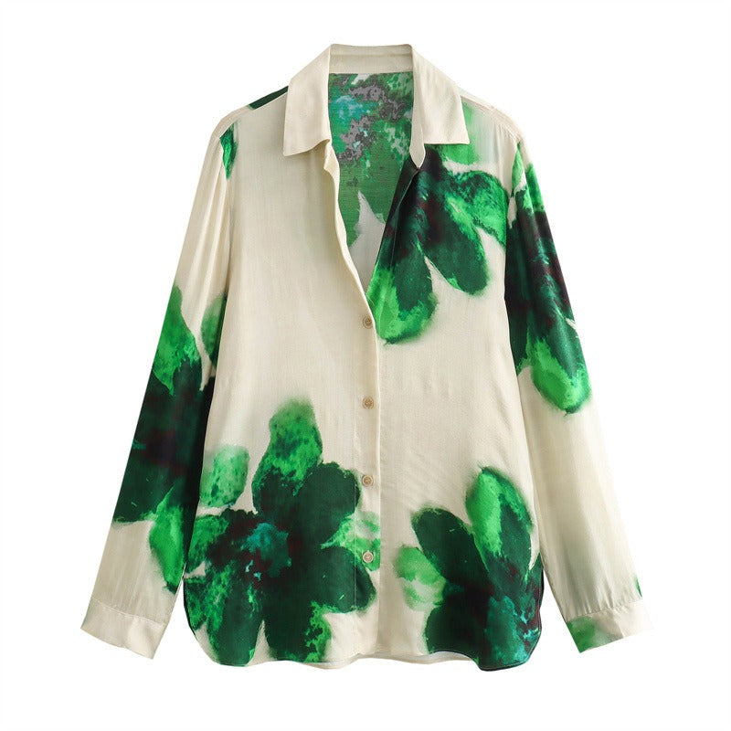 Silk floral print shirt straight leg pants set for women
