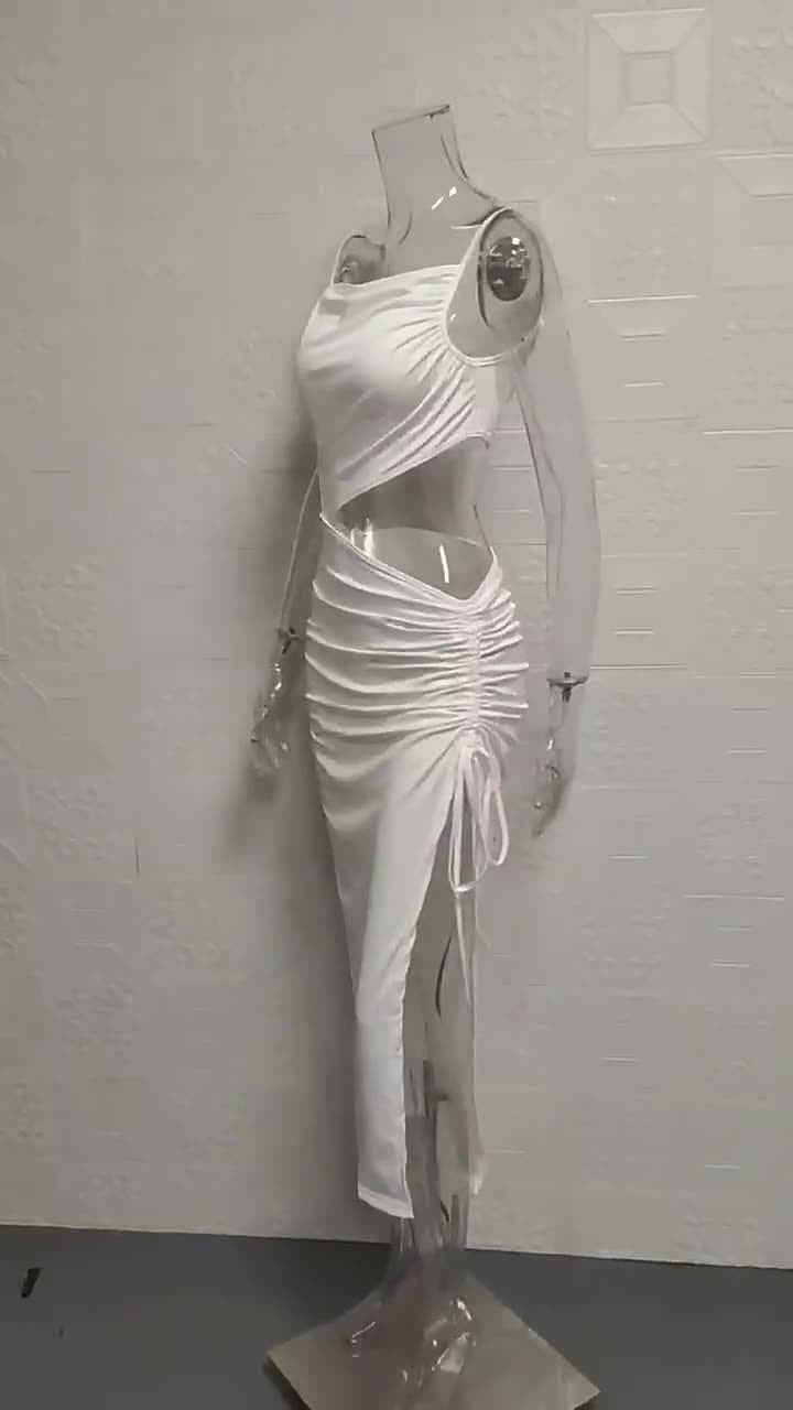 New Sexy Pleated Sloping Shoulder Hollowed Out Irregular Solid Color Dress for Women